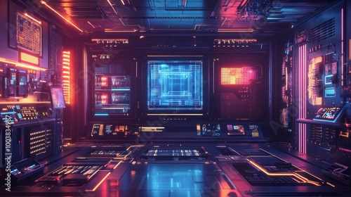 Futuristic Sci-Fi Control Room with Glowing Neon Lights