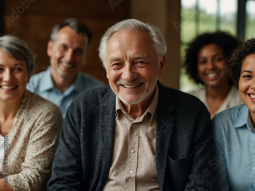 Elderly man smiling in a group setting.