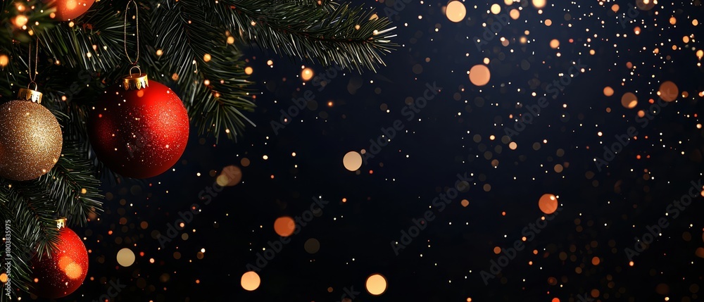  A Christmas tree adorned with red and gold baubles on its branches, backed by a bouquet of twinkling lights