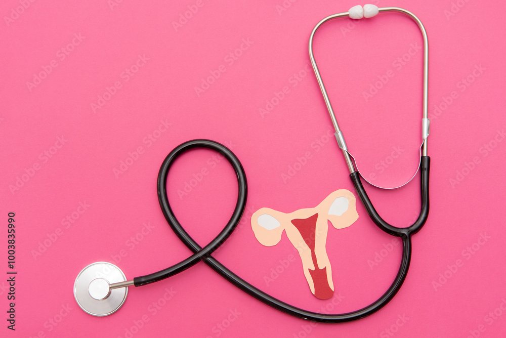 Fototapeta premium Stethoscope and paper uterus on Vibrant Pink Background for Gynecological Care