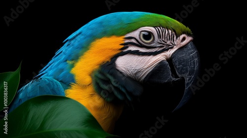 Blue-Gold Macaw Portrait Against Black Background 