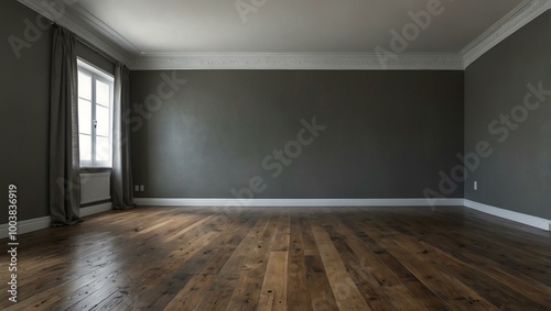 Empty room with polished wood floors and gray sofa.