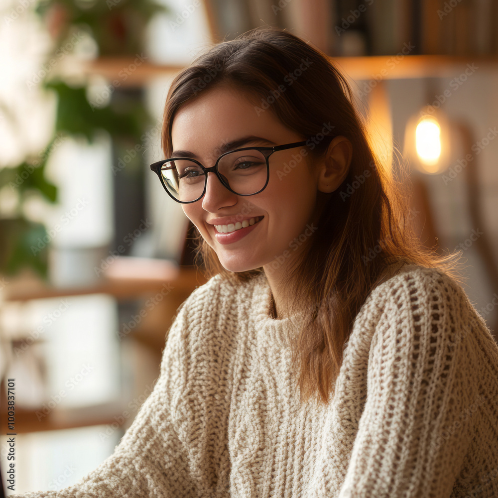 Happy young woman remote work -home background Happy young woman remote work -home background