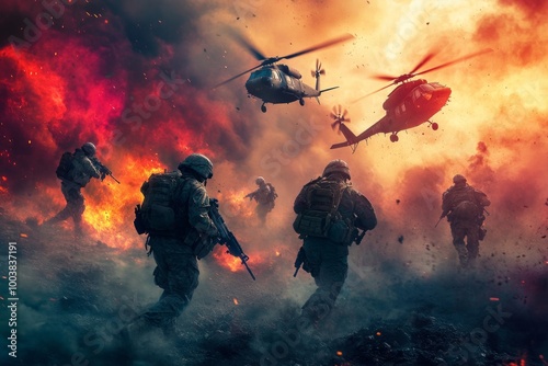 Dramatic battle scene with soldiers in action. Helicopters fly overhead amidst fiery explosions. A powerful depiction of courage and teamwork in conflict. Generative AI photo