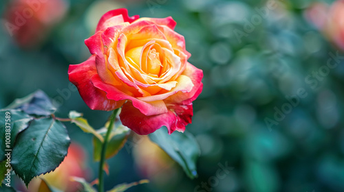 A macro shot of a red and yellow hybrid tea rose, with it's vibrant petals and leaves in the background