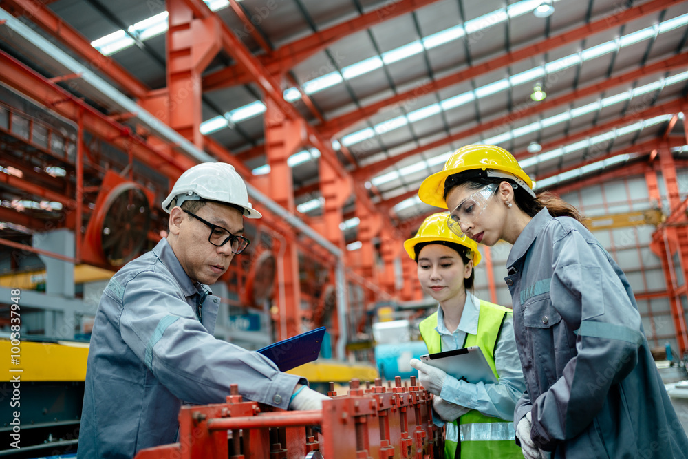 Factory Project Work factory workers in uniform together work inspecting operation ...