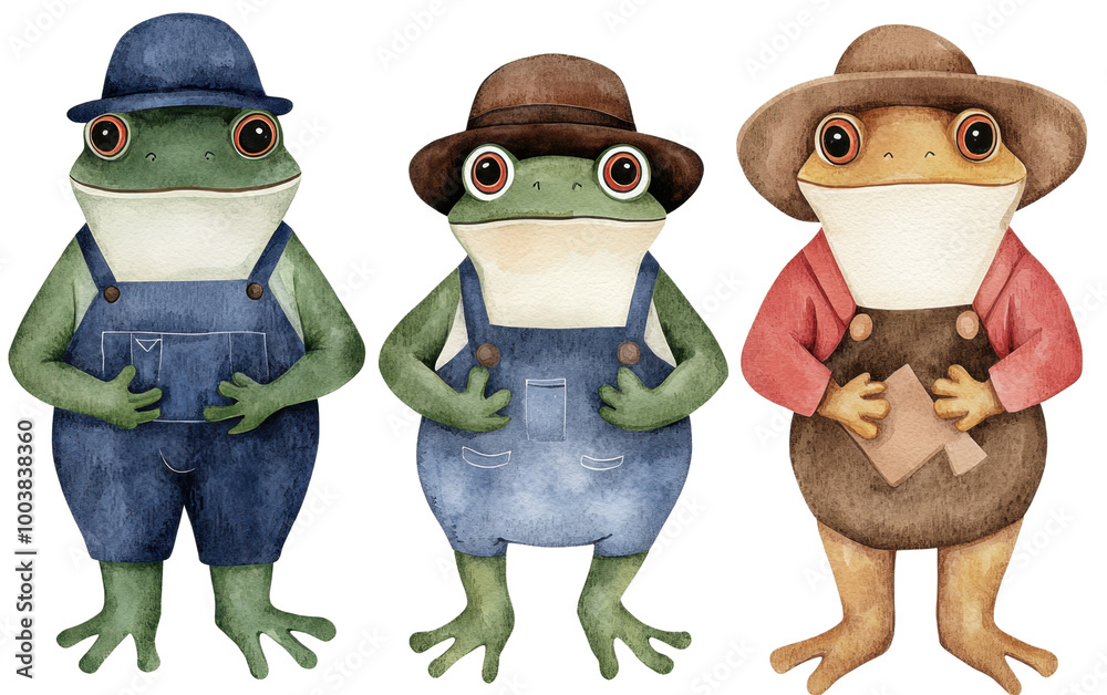 Fototapeta premium Three whimsical frogs in farmer attire, each wearing overalls and hats, isolated on a white background.