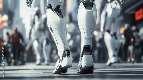 A futuristic scene featuring robotic legs in a bustling urban environment. photo