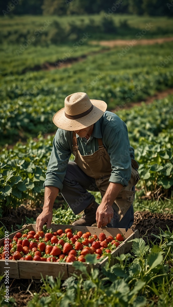 Farmer harvesting strawberries in a green field. Farmer harvesting strawberries in a green field.