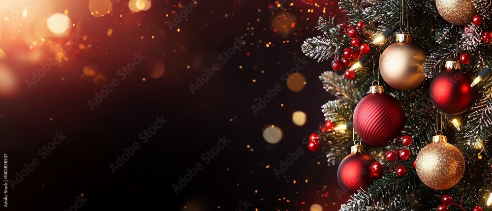 A tight shot of a Christmas tree, adorned with red and golden baubles, against a softly blurred backdrop A tight shot of a Christmas tree, adorned with red and golden baubles, against a softly blurred backdrop