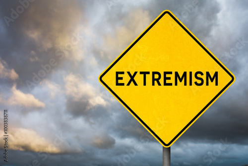 Photos Conceptual Extremism Warning Sign Against Stormy Sky