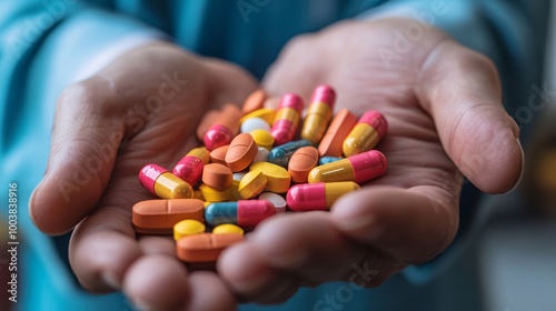 Healthcare worker explaining the use of ARV medication to a patient in a private consultation room emphasizing education and support Large space for text in center Stock Photo with copy space