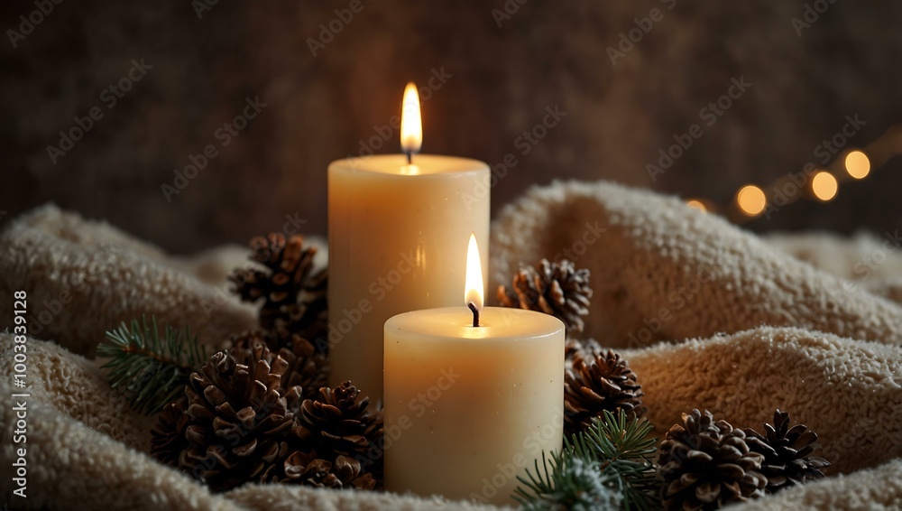 Festive candles and holiday decor for a cozy winter atmosphere. Festive candles and holiday decor for a cozy winter atmosphere.