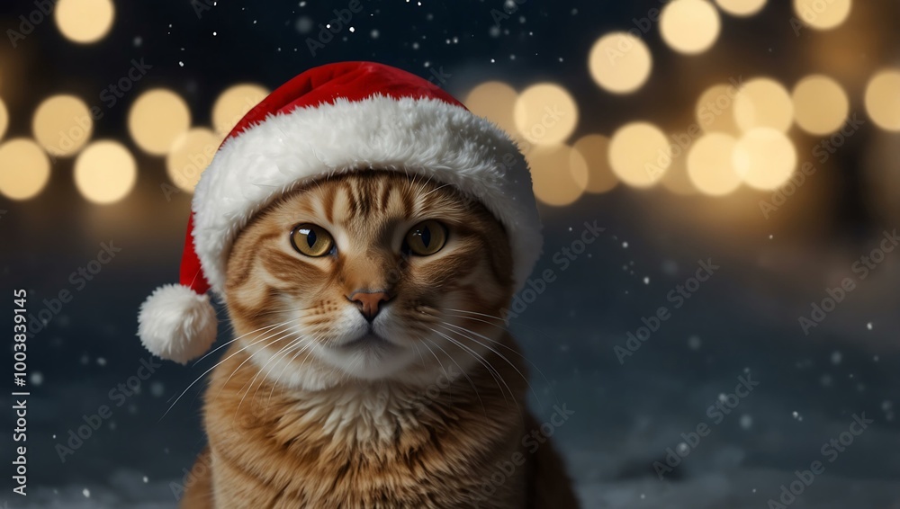 Festive cat in a Santa hat holding a blank sign amid twinkling holiday lights. Festive cat in a Santa hat holding a blank sign amid twinkling holiday lights.