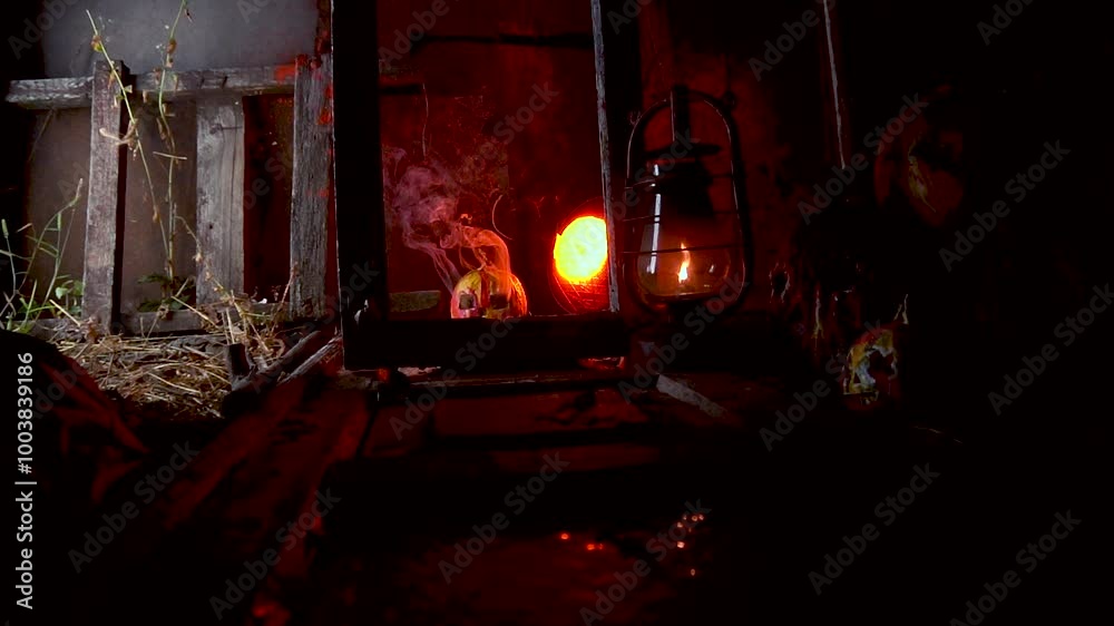 slow motion video art scary halloween with pumpkins and old kerosene lamp in red light and smoke preparation for celebration in dark scary place slow motion video art scary halloween with pumpkins and old kerosene lamp in red light and smoke preparation for celebration in dark scary place