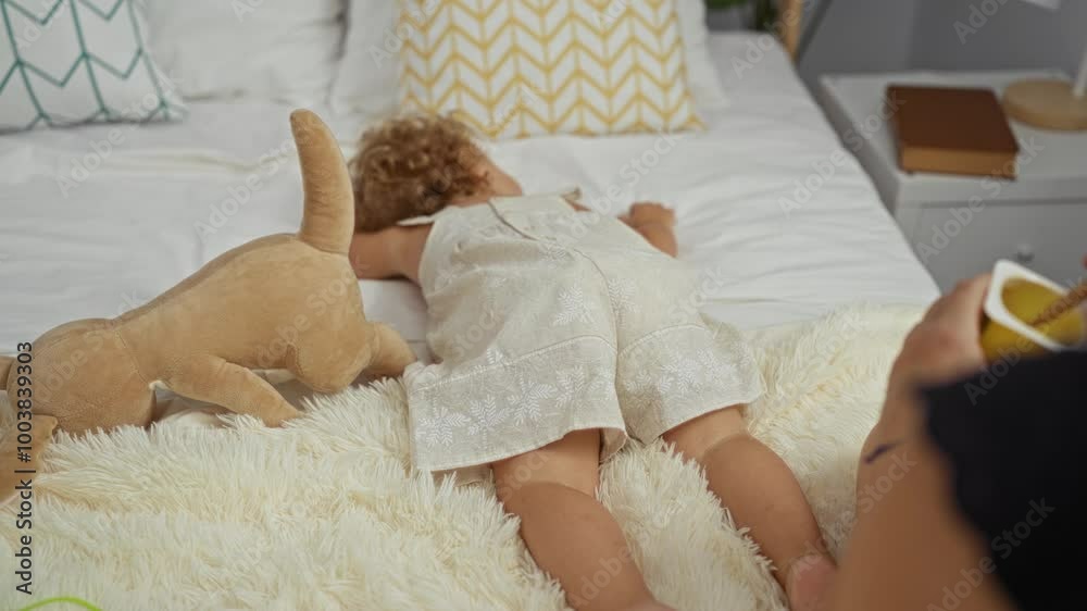 Toddler sleeping on a bed beside a stuffed toy in a cozy bedroom with a woman present Toddler sleeping on a bed beside a stuffed toy in a cozy bedroom with a woman present
