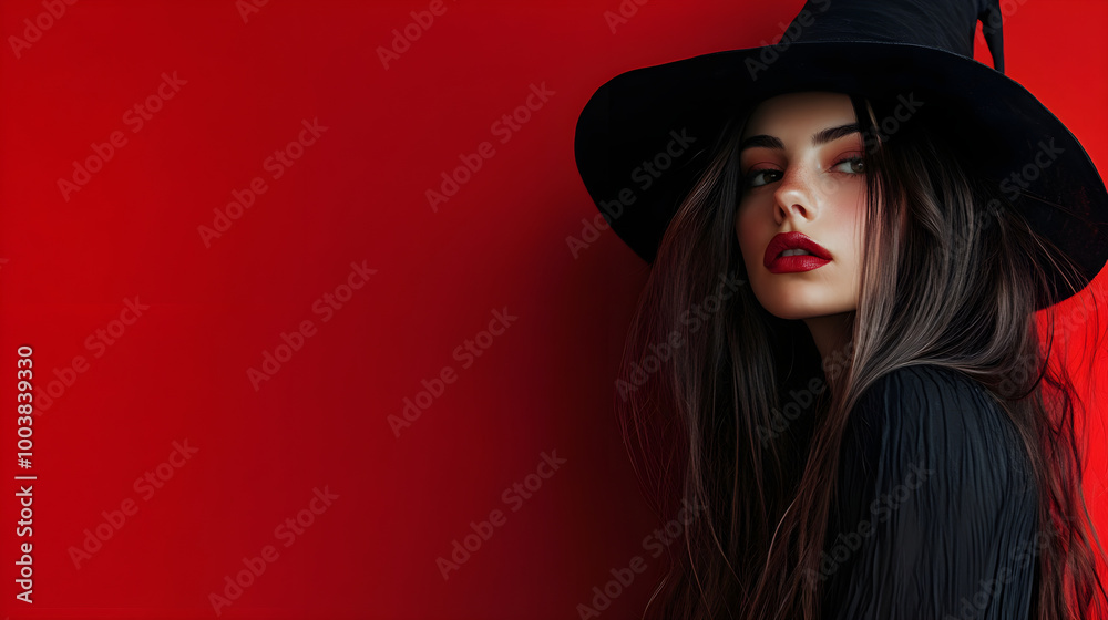 woman in witch costume poses against vibrant red background, exuding confidence woman in witch costume poses against vibrant red background, exuding confidence