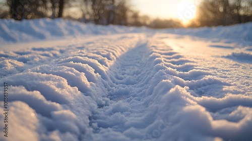 Close-up of deep car tire tracks on a snow-laden road, frosty ground, detailed tire tread on icy surface, frozen winter textures photo