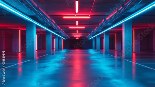 Underground Parking Garage with Neon Lighting. The cool, blue tones convey a modern, urban atmosphere