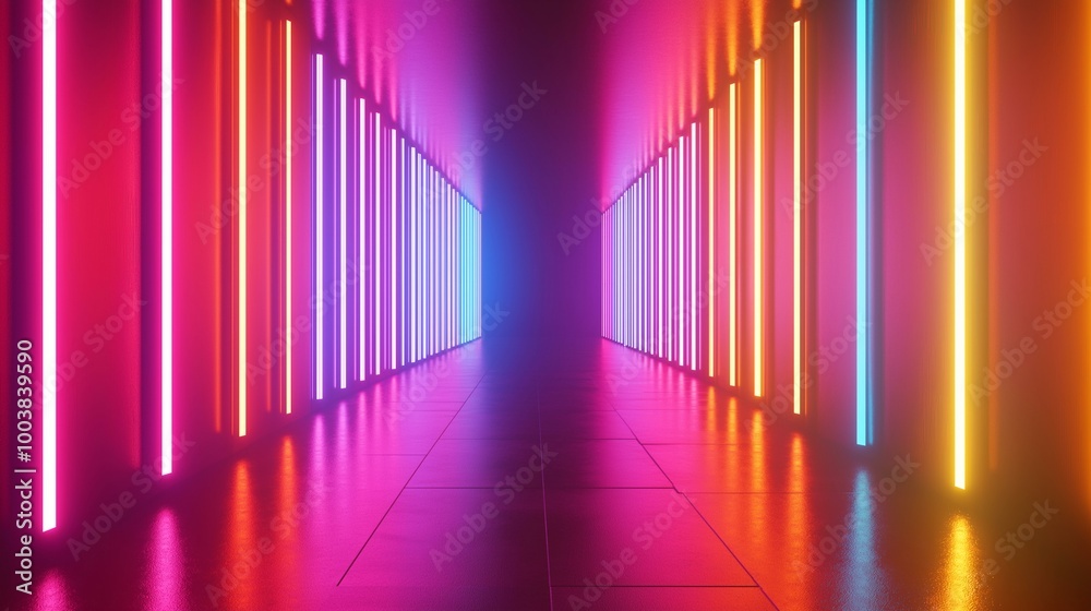 Vibrant Neon Light Background in a Futuristic Corridor with Colorful Disco Vibes Vibrant Neon Light Background in a Futuristic Corridor with Colorful Disco Vibes