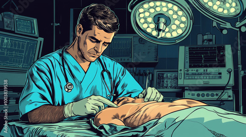 The doctor is studying the body before operating.  The picture has a retro comic book style.pop art. photo