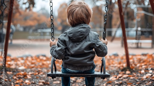 Solitary Child on Playground Swing in Melancholic Autumn Atmosphere photo