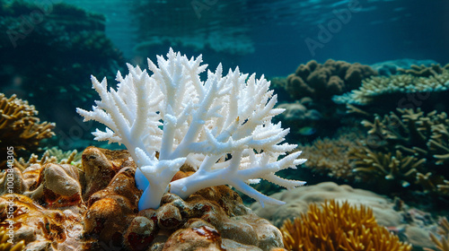 A Pacific coral has bleached due to higher than normal sea surface temperatures bleaching is the loss od symbiotic zooxanthellae from the coral s tissue with copy space image