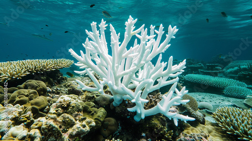 A Pacific coral has bleached due to higher than normal sea surface temperatures bleaching is the loss od symbiotic zooxanthellae from the coral s tissue with copy space image