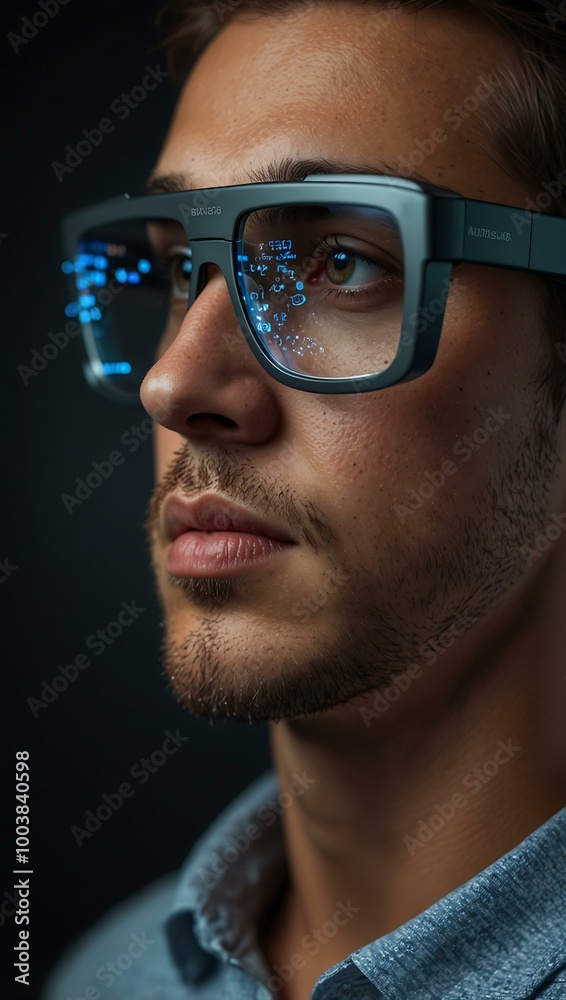 Focused individual wearing smart glasses immersed in digital data displays.