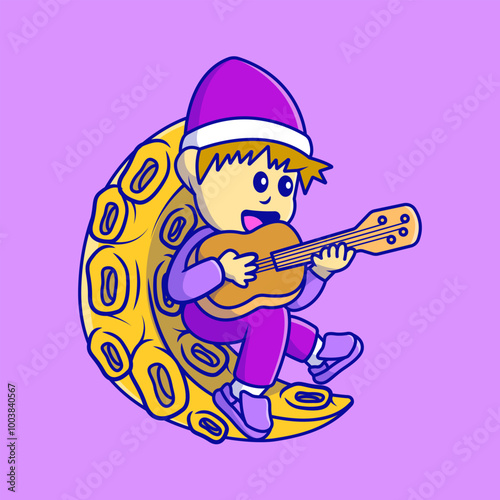 Cute Boy Playing Accoustic Guitar On A Moon Cartoon Vector Illustrations. People Science Concept. Flat Cartoon Outline Style.