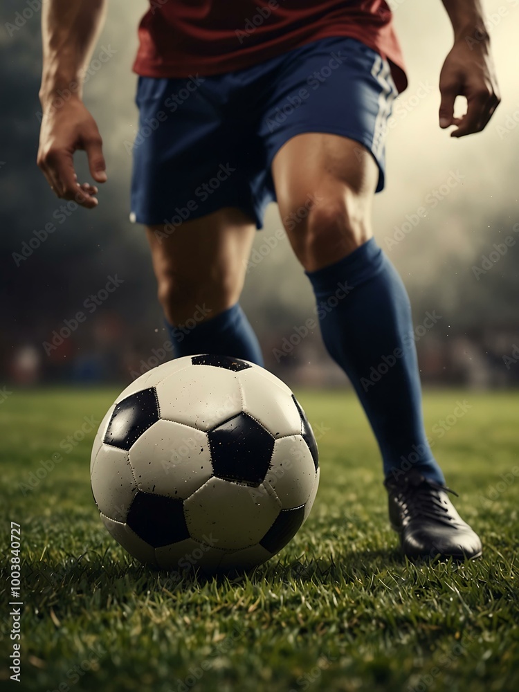 Football player kicking a ball during a match, with space for text. Football player kicking a ball during a match, with space for text.