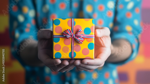 He held a small gift box, designed in a fun, retro comic book style with colorful dots.