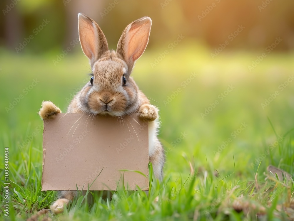 Obraz premium Fluffy Rabbit Holding Blank Cardboard Sign in Spring Meadow