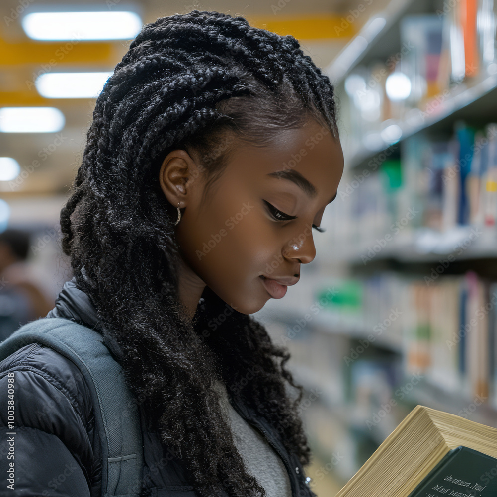 A young African American female student learn from educational book at the college library.