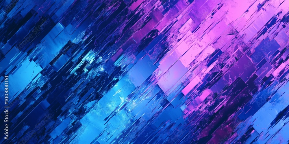 Obraz premium Fragmented Digital Lines Texture with Glitch Effect in Blue and Purple