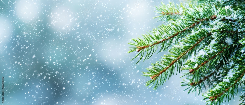 A pine branch, closely framed, with snowflakes descending from above, backed by a softly blurred shower of falling snowflakes A pine branch, closely framed, with snowflakes descending from above, backed by a softly blurred shower of falling snowflakes