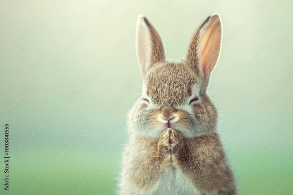 Fototapeta premium Adorable fluffy rabbit sitting in a grassy garden, surrounded by greenery, with a cute and gentle expression