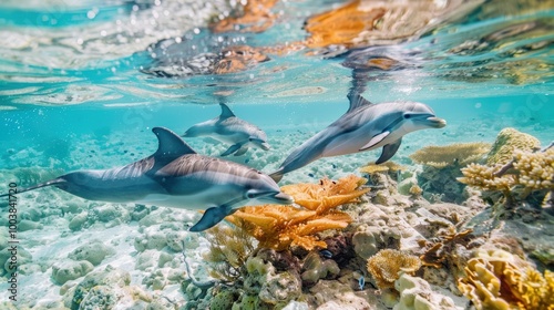 Dolphins swimming underwater among coral reefs and marine life in a tropical ocean