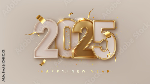 2025 New year. Holiday banner with numbers date 2025 Christmas decoration and confetti. Holiday greeting card design.