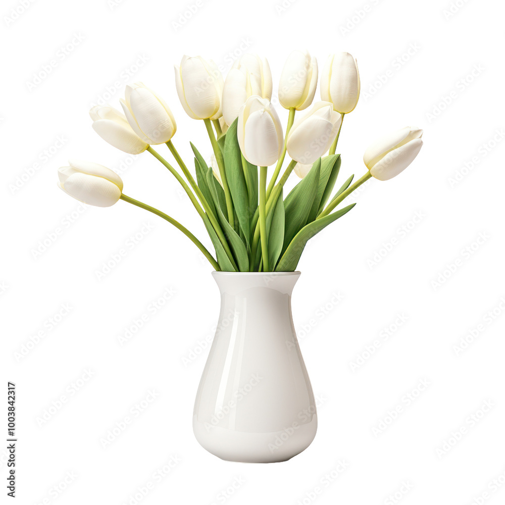 White tulip flowers in a vase isolated on white or transparent background, png clipart, design element. Easy to place on any other background. White tulip flowers in a vase isolated on white or transparent background, png clipart, design element. Easy to place on any other background.