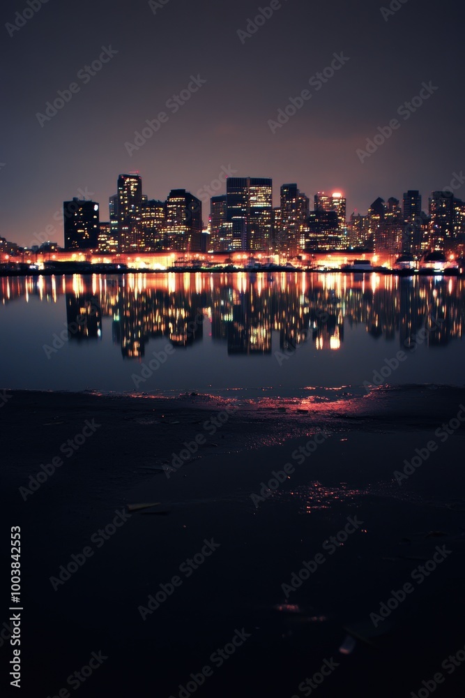 Nighttime City Skyline with Lights Reflected in Water