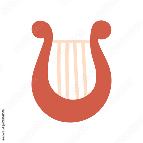 Harp, classical ancient Greek string instrument, orchestra equipment blends seamlessly, shaping rhythmic and melodic masterpiece, antique historical small harp, lyre flat vector illustration.