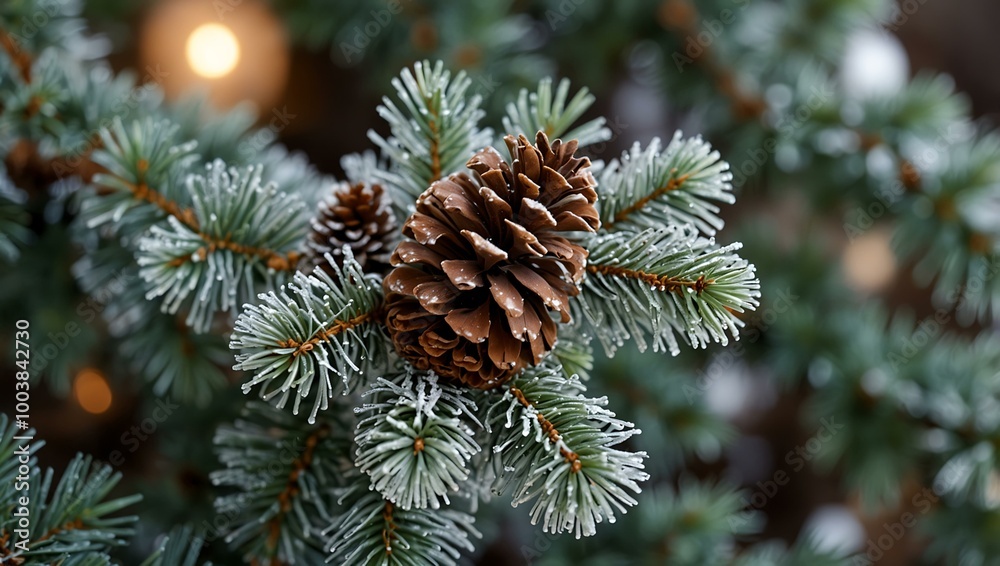 Frosted pine branch with pinecones and a Christmas ornament, serene backdrop. Frosted pine branch with pinecones and a Christmas ornament, serene backdrop.