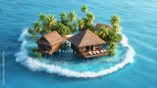 A resort with coconut trees on an island surrounded by tsunami waves in the middle of a blue background. World Tsunami Awareness Day. photo