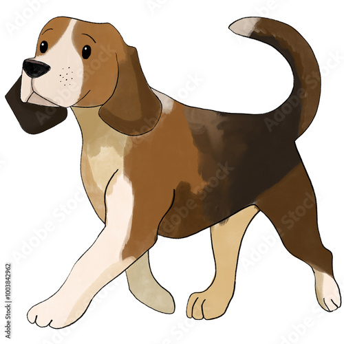 A playful illustration of a Beagle dog walking with its tail up. The dog has a brown, black, and white coat, with large floppy ears, expressive eyes, and a gentle expression. The artwork captures the  photo