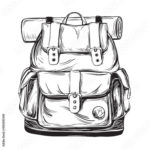Backpack vector illustration in linear drawing style. Hand drawn drawing sketch of travel bag for adventure or camping on isolated background. Black etching of luggage for tourism trip or hiking.