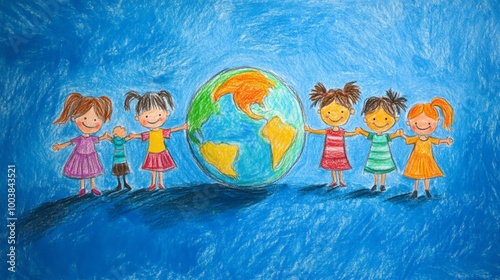 Illustration of a globe with children from different countries holding hands around the world, drawn with crayons on a blue background. International Children's Day.
