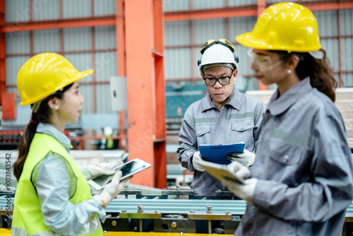 factory workers in uniform together work inspecting operation manufacturing Metal Roofing Sheet Machine in the factory metal sheet, Metalwork roof manufacturing and quality control process.