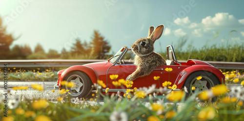 A cute little bunny is driving an old red sports car along the road photo