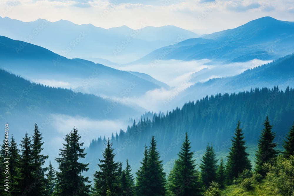 Foggy Valley Landscape with Mountains and Trees Foggy Valley Landscape with Mountains and Trees